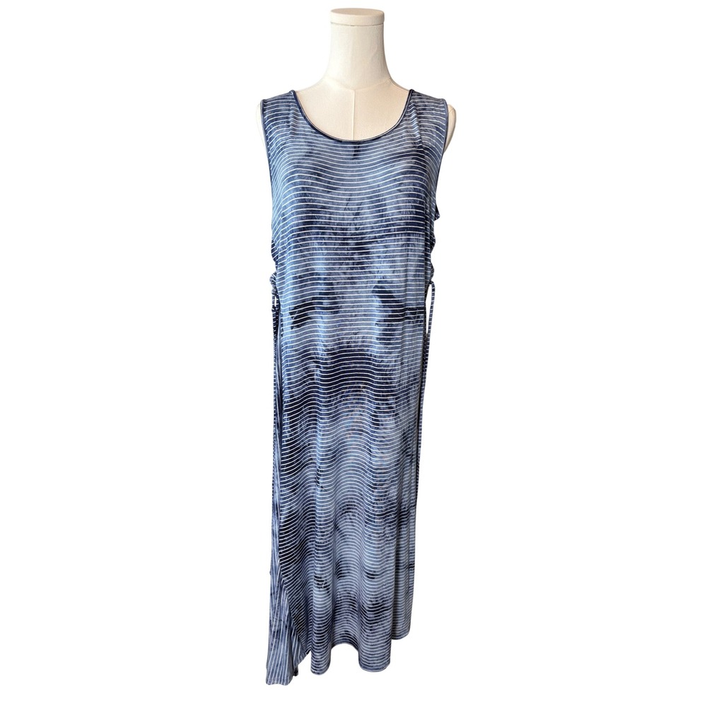Chicos Blue White Tie Dye Striped Side Cinch Sleeveless Maxi Dress Size 1 M Boho